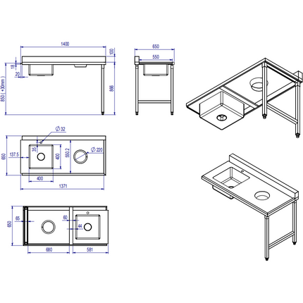 Loading Table Right Side 1400x650x850mm With Sink With Waste Hole With Splashback Stainless Steel |  Dwitc1465 L