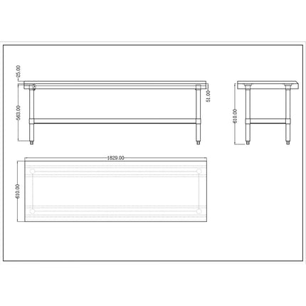 Commercial Equipment Stand / Low Height Table Stainless Steel Bottom Shelf 3 Side Upstand 1800x600x600mm |  Ees2472