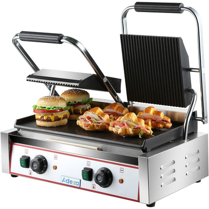 Heavy Duty Twin Panini Contact Grill Ribbed/Smooth 3.6k W Dual Zone |  Heg813 A
