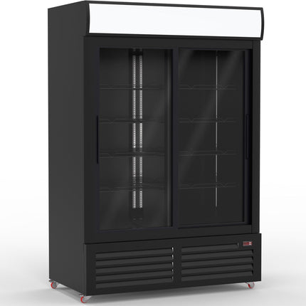 Commercial Bottle Cooler Upright 1400 Litres Double Sliding Glass Door With Led Canopy In Black |  Kxg1330 S