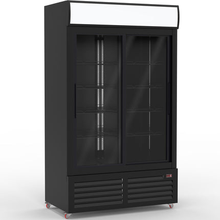 Commercial Bottle Cooler Upright 900 Litres Double Glass Sliding Door With Led Canopy In Black |  Kxg900 S