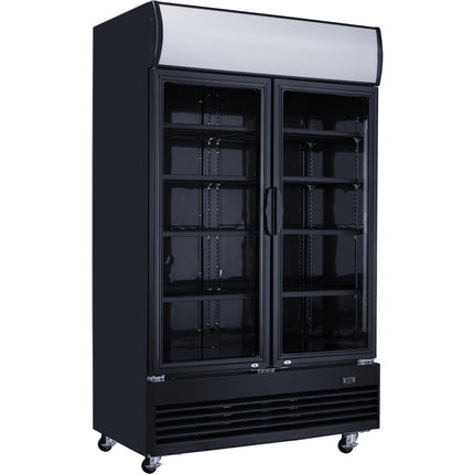 Commercial Bottle Cooler Upright 930 Litres Ventilated Cooling Twin Hinged Doors Black Canopy Light | Lg1000 Bfmblack