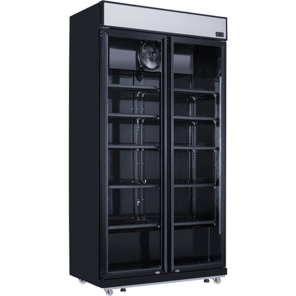 Commercial Bottle Cooler Upright 773 Litres Fan Cooling Twin Hinged Doors Black Canopy Light |  Lg805 Bblack