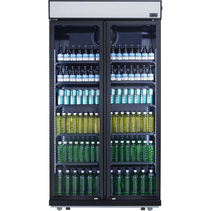 Commercial Bottle Cooler Upright 773 Litres Fan Cooling Twin Hinged Doors Black Canopy Light |  Lg805 Bblack