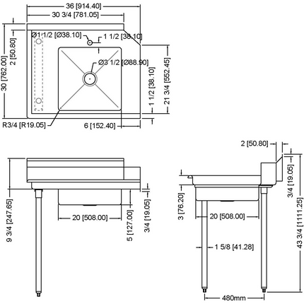 Commercial Stainless Steel Pass Through Dishwasher Table With Sink Left 914mm Width |  Sdt36 L