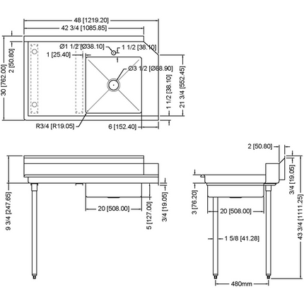 Commercial Stainless Steel Pass Through Dishwasher Table With Sink Left 1219mm Width |  Sdt48 L