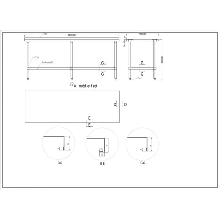 Commercial Stainless Steel Work Table Bottom Shelf Upstand 2100x700x900mm |  Wt70210 Gb