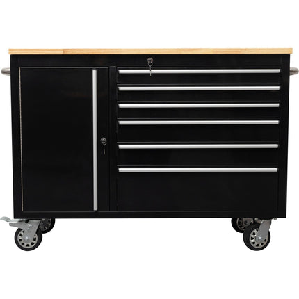 Heavy Duty Steel Rolling Tool Chest With Wooden Worktop 6 Drawers 1 Side Cabinet 1370x488x913mm Black | 482038 Ablack