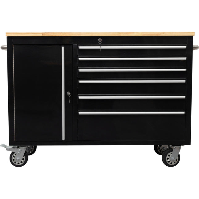 Heavy Duty Steel Rolling Tool Chest With Wooden Worktop 6 Drawers 1 Side Cabinet 1370x488x913mm Black | 482038 Ablack