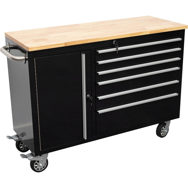 Heavy Duty Steel Rolling Tool Chest With Wooden Worktop 6 Drawers 1 Side Cabinet 1370x488x913mm Black | 482038 Ablack