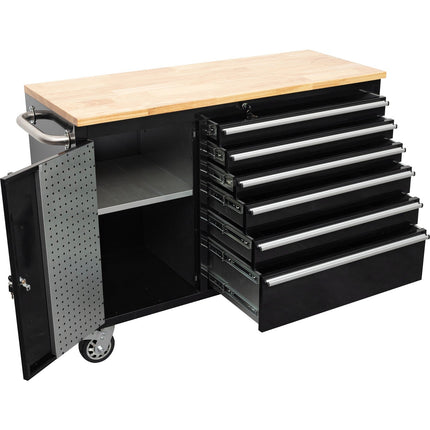 Heavy Duty Steel Rolling Tool Chest With Wooden Worktop 6 Drawers 1 Side Cabinet 1370x488x913mm Black | 482038 Ablack