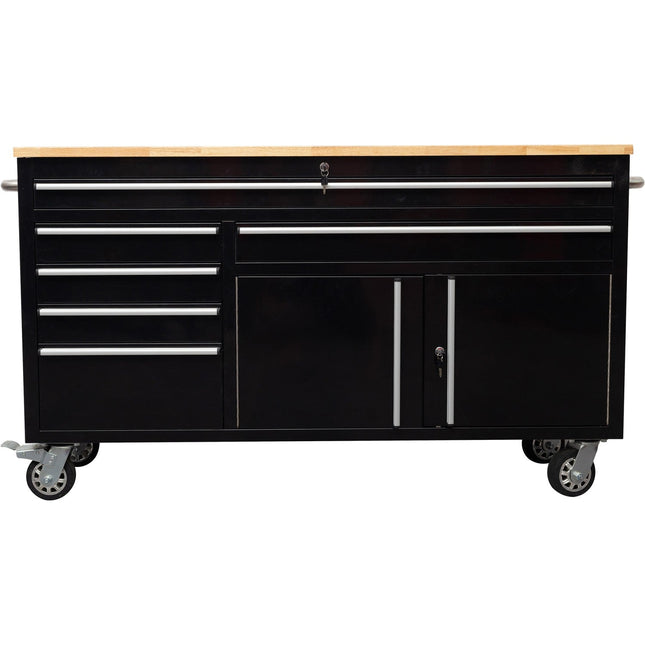 Heavy Duty Steel Rolling Tool Chest With Wooden Worktop 6 Drawers 1 Double Door Side Cabinet 1674x489x907mm Black | 602038 Ablack