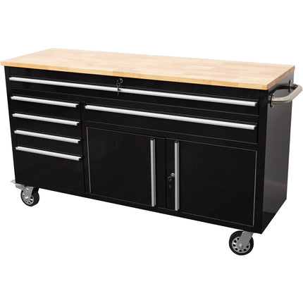 Heavy Duty Steel Rolling Tool Chest With Wooden Worktop 6 Drawers 1 Double Door Side Cabinet 1674x489x907mm Black | 602038 Ablack