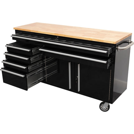 Heavy Duty Steel Rolling Tool Chest With Wooden Worktop 6 Drawers 1 Double Door Side Cabinet 1674x489x907mm Black | 602038 Ablack