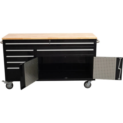 Heavy Duty Steel Rolling Tool Chest With Wooden Worktop 6 Drawers 1 Double Door Side Cabinet 1674x489x907mm Black | 602038 Ablack