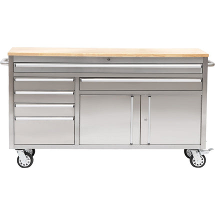 Heavy Duty Steel Rolling Tool Chest With Wooden Worktop 6 Drawers 1 Double Door Side Cabinet 1674x489x907mm Stainless Steel | 602038 Asilver