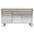 Heavy Duty Steel Rolling Tool Chest With Wooden Worktop 6 Drawers 1 Double Door Side Cabinet 1674x489x907mm Stainless Steel | 602038 Asilver