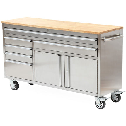Heavy Duty Steel Rolling Tool Chest With Wooden Worktop 6 Drawers 1 Double Door Side Cabinet 1674x489x907mm Stainless Steel | 602038 Asilver