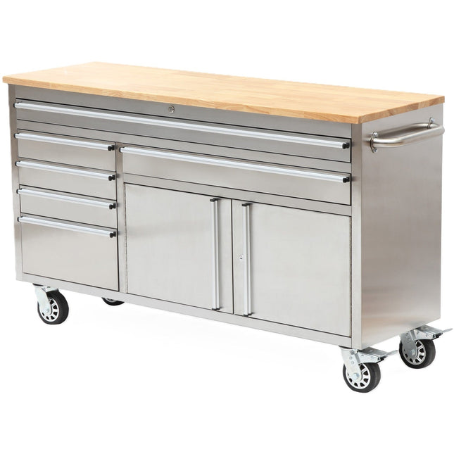 Heavy Duty Steel Rolling Tool Chest With Wooden Worktop 6 Drawers 1 Double Door Side Cabinet 1674x489x907mm Stainless Steel | 602038 Asilver