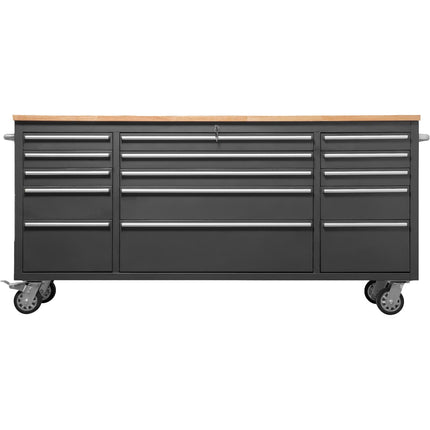 Heavy Duty Steel Rolling Tool Chest With Wooden Worktop 15 Drawers 1978x485x908mm Black | 722038 Ablack