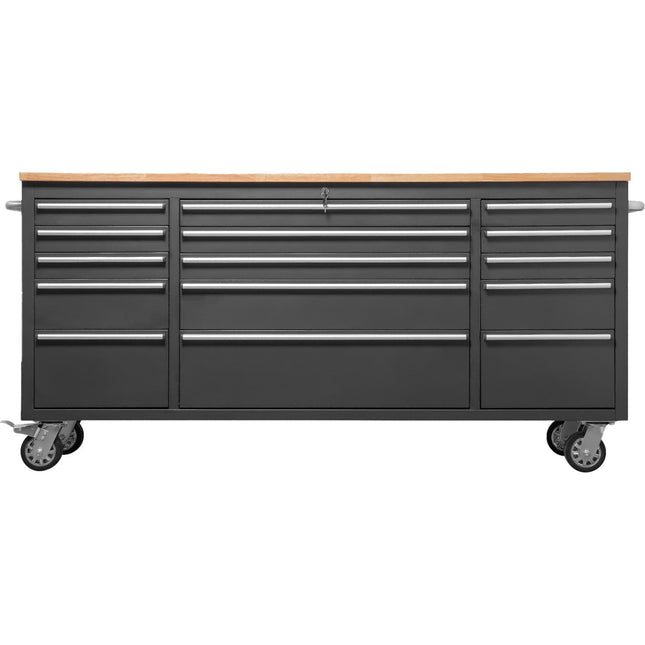 Heavy Duty Steel Rolling Tool Chest With Wooden Worktop 15 Drawers 1978x485x908mm Black | 722038 Ablack