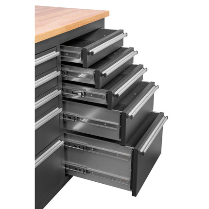 Heavy Duty Steel Rolling Tool Chest With Wooden Worktop 15 Drawers 1978x485x908mm Black | 722038 Ablack