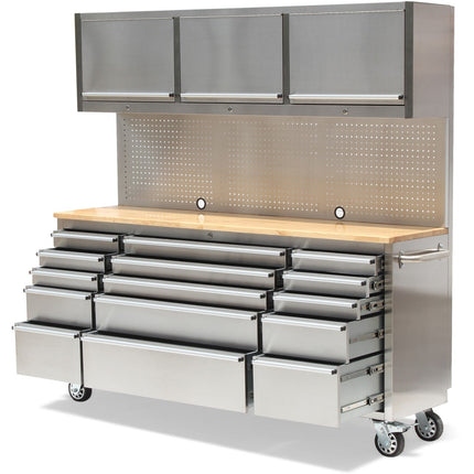 Professional Stainless Steel Rolling Tool Cabinet 15 Drawers 3 Upper Cupboards 1968x500x1825mm |  722038 Ap