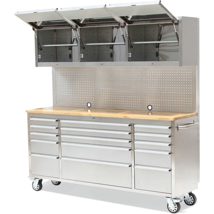 Professional Stainless Steel Rolling Tool Cabinet 15 Drawers 3 Upper Cupboards 1968x500x1825mm |  722038 Ap