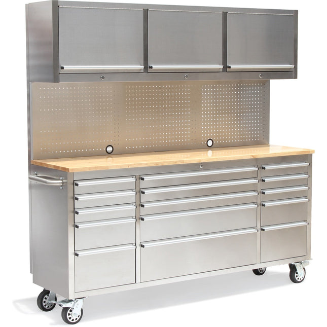 Professional Stainless Steel Rolling Tool Cabinet 15 Drawers 3 Upper Cupboards 1968x500x1825mm |  722038 Ap