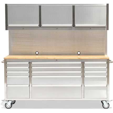 Professional Stainless Steel Rolling Tool Cabinet 15 Drawers 3 Upper Cupboards 1968x500x1825mm |  722038 Ap