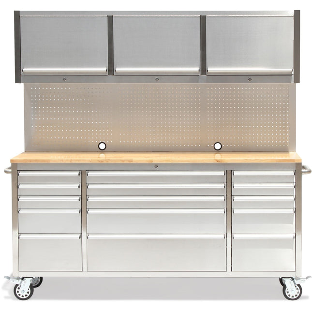 Professional Stainless Steel Rolling Tool Cabinet 15 Drawers 3 Upper Cupboards 1968x500x1825mm |  722038 Ap