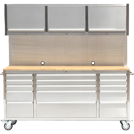 Heavy Duty Steel Rolling Tool Chest With Wooden Worktop 15 Drawers 3 Overhead Cabinets 1978x510x1828mm Stainless Steel | 722038 Apsilver
