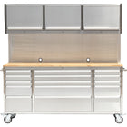 Heavy Duty Steel Rolling Tool Chest With Wooden Worktop 15 Drawers 3 Overhead Cabinets 1978x510x1828mm Stainless Steel | 722038 Apsilver