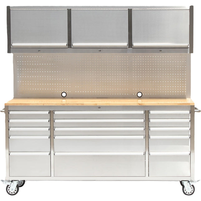 Heavy Duty Steel Rolling Tool Chest With Wooden Worktop 15 Drawers 3 Overhead Cabinets 1978x510x1828mm Stainless Steel | 722038 Apsilver