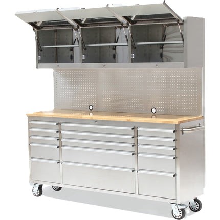 Heavy Duty Steel Rolling Tool Chest With Wooden Worktop 15 Drawers 3 Overhead Cabinets 1978x510x1828mm Stainless Steel | 722038 Apsilver