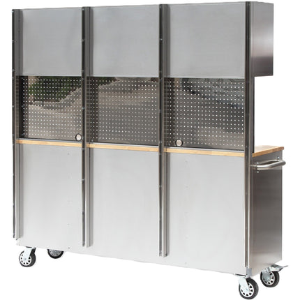 Heavy Duty Steel Rolling Tool Chest With Wooden Worktop 15 Drawers 3 Overhead Cabinets 1978x510x1828mm Stainless Steel | 722038 Apsilver