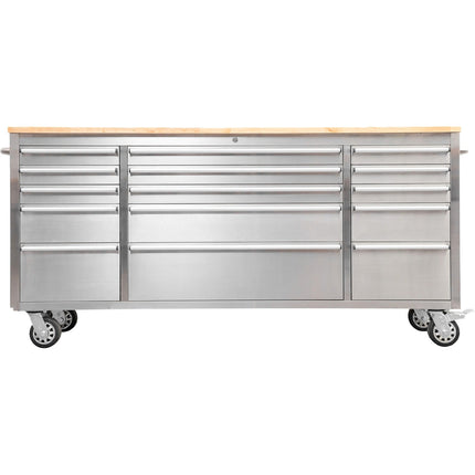 Heavy Duty Steel Rolling Tool Chest With Wooden Worktop 15 Drawers 1978x485x908mm Stainless Steel | 722038 Asilver
