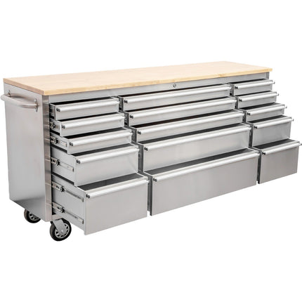Heavy Duty Steel Rolling Tool Chest With Wooden Worktop 15 Drawers 1978x485x908mm Stainless Steel | 722038 Asilver
