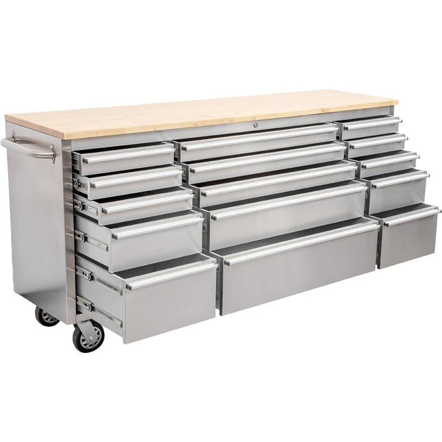 Heavy Duty Steel Rolling Tool Chest With Wooden Worktop 15 Drawers 1978x485x908mm Stainless Steel | 722038 Asilver