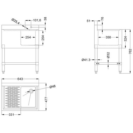 Commercial Bar Sink 1 Bowl Right 643x477x838mm |  Bar1 B24 L