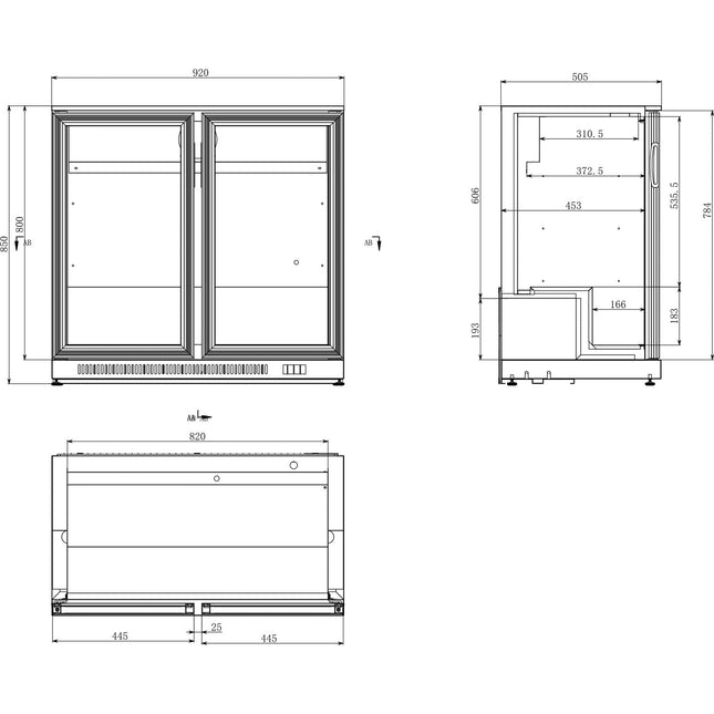 Back Bar Cooler 2 Hinged Doors 220 Litres Black, Height 850mm |  Bc02 Pp85