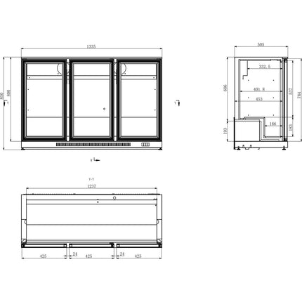 Back Bar Cooler 3 Hinged Doors 300 Litres Black, Height 850mm |  Bc03 Pp85