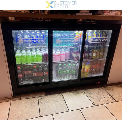 Back Bar Cooler 3 Sliding Doors 300 Litres Black, Height 850mm |  Bc03 Ps85