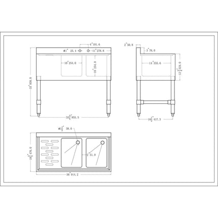 Commercial Sink Stainless Steel 2 Bowl Left Side Drain Board | Bs2 T36 L