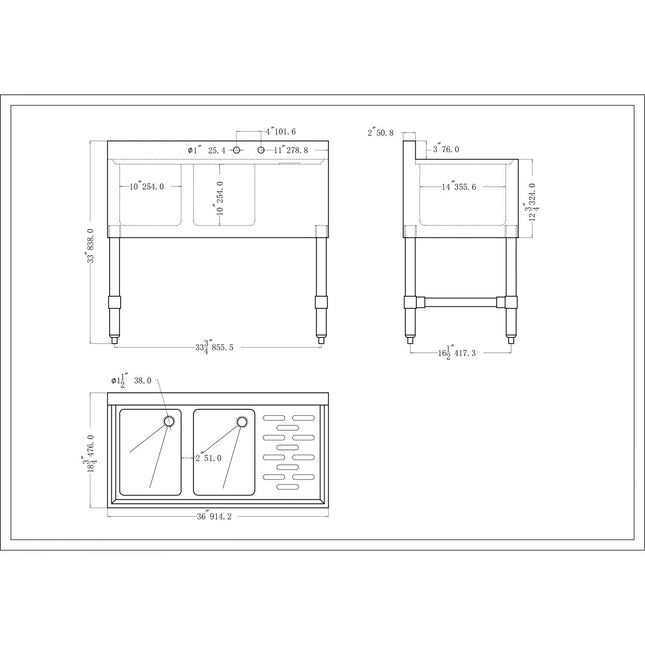 Commercial Sink Stainless Steel 2 Bowl Right Side Drain Board |  Bs2 T36 R