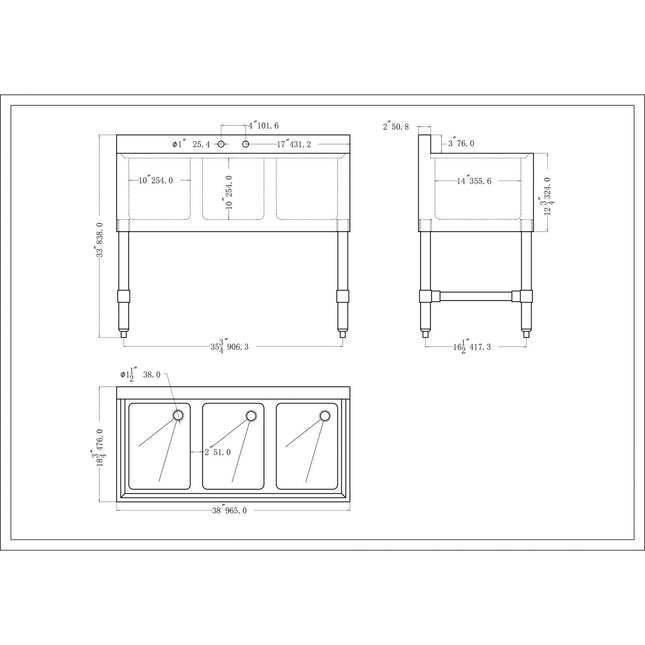 Commercial Sink Stainless Steel 3 Bowl |  Bs3 T38