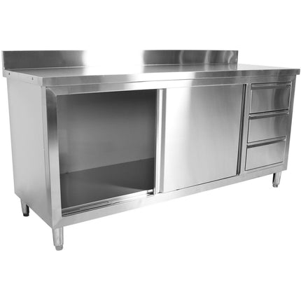 Commercial Worktop Floor Cupboard 3 Drawers Right 2 Sliding Doors Stainless Steel 1800x600x850mm Upstand |  Vtc186 R3 B