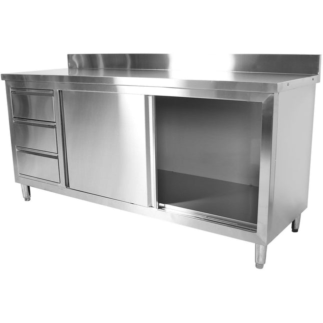 Commercial Worktop Floor Cupboard 3 Drawers Left 2 Sliding Doors Stainless Steel 1600x600x850mm Upstand |  Vtc166 L3 B