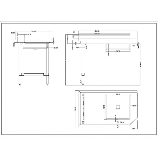 Commercial Stainless Steel Pass Through Dishwasher Table With Sink Left 1219mm Width |  Dc1 T3048 Leftsink