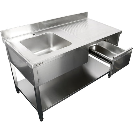 Commercial Sink With 1 Drawer Stainless Steel 1 Bowl Left Bottom Shelf Splashback 1400x600x950mm | Dsa140601 Dl